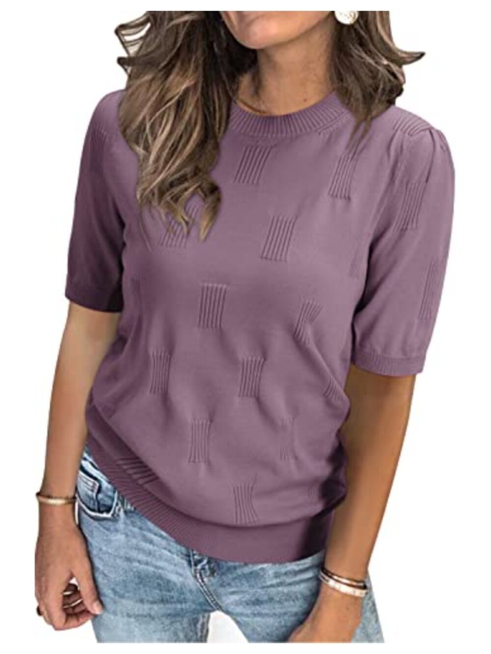 Women's Short Sleeve Crew Neck Knit Sweater Puff Sleeve Work Top